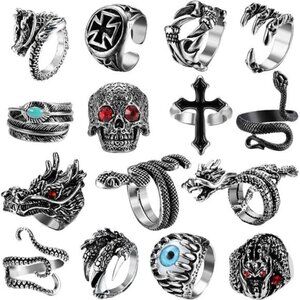 15Pcs Vintage Punk Rings for Men Snake Ring Dragon Open Rings Set Trendy